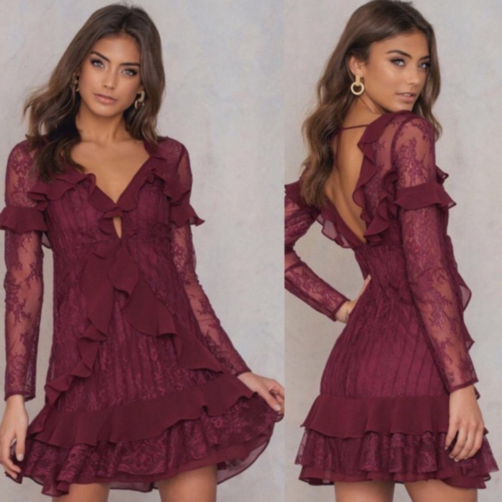 NWT For Love & Lemons Daphne Mini Dress Bordeaux S